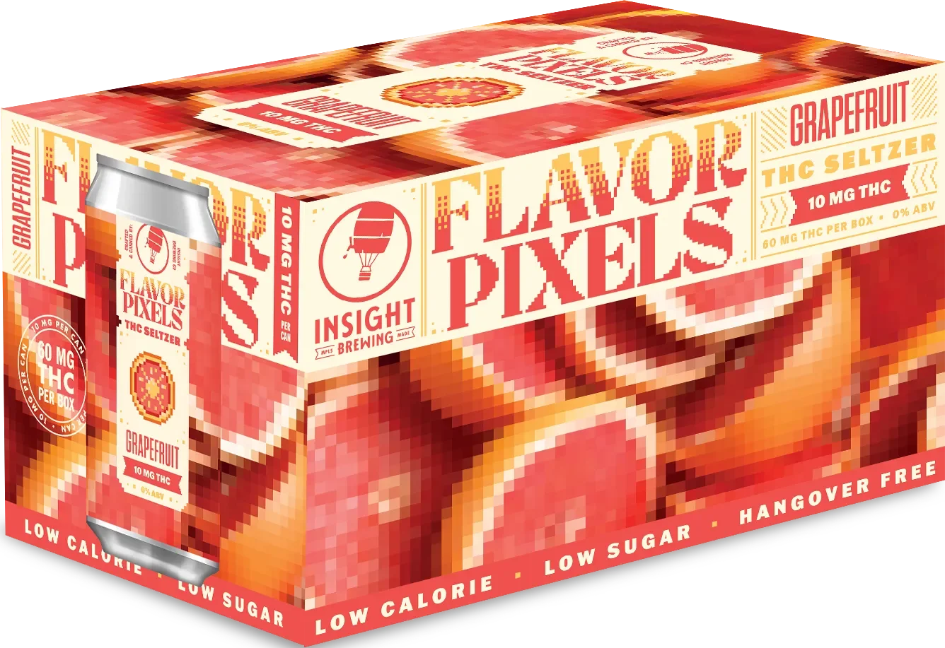 Pixelated packaging of Insight Brewing's Flavor Pixels, a grapefruit THC seltzer, showing a can with product details and a pixelated grapefruit image.