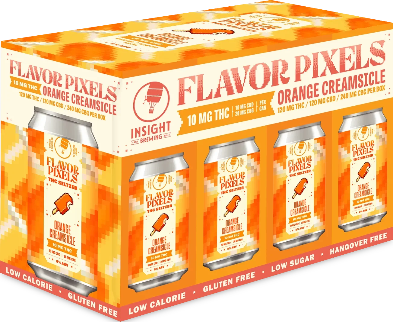 A multi-pack of Flavor Pixels orange creamsicle THC seltzer cans with pixelated orange and yellow design, displaying 10mg THC, 120mg CBD, and 240mg CBG per box, with health claims like gluten-free, low calorie, and hangover free.