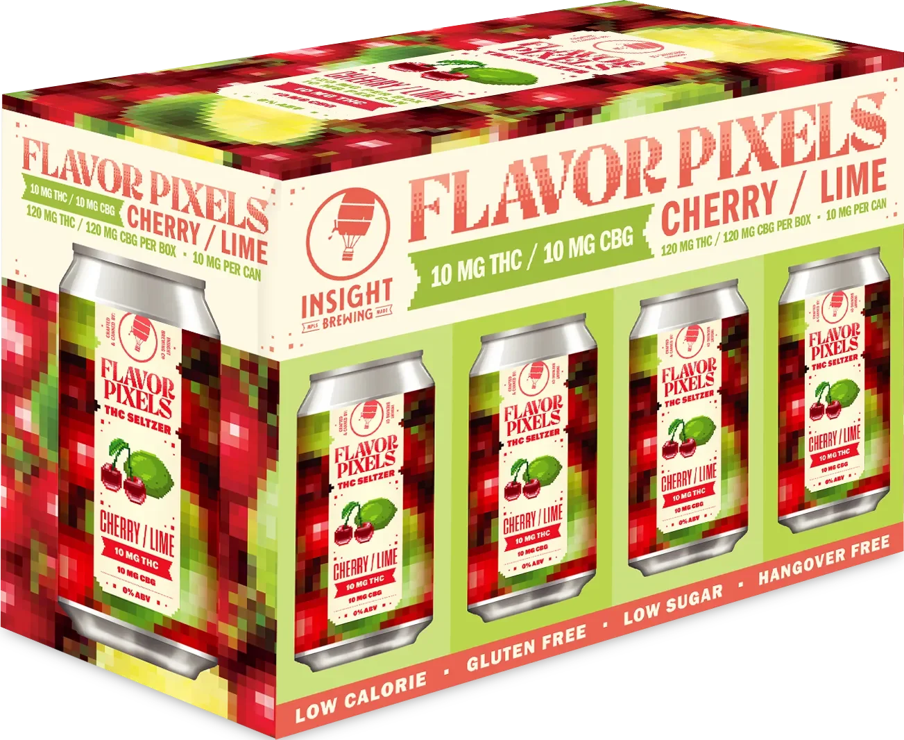 A retail package of Flavor Pixels Cherry Lime THC seltzer cans with four cans visible, featuring a red, green, and white label design. The box indicates 10 mg THC and 10 mg CBG per can, with flavors cherry and lime. The box highlights it is low calorie, gluten free, and hangover free.