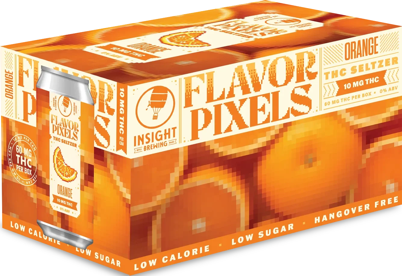 A box of Insight Brewing Flavor Pixels THC Seltzer with an orange pixelated design and a can showing the same design, labeled with 10 mg THC and 60 mg THC per box, emphasizing low calorie, low sugar, and hangover free properties.