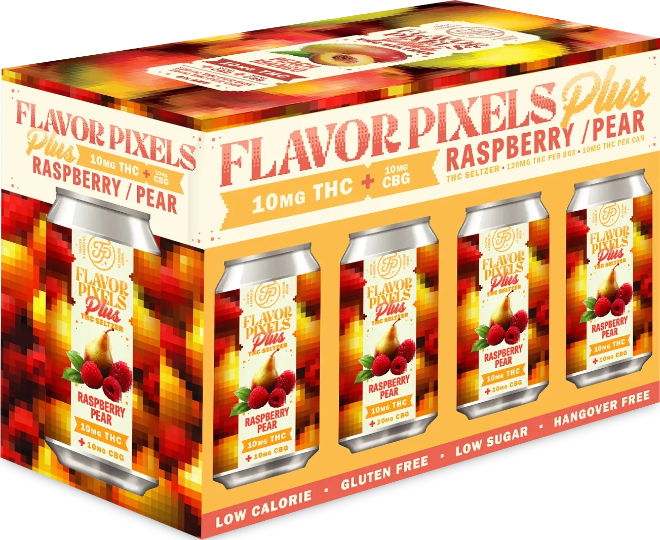 Four cans of Flavor Pixels Plus Raspberry Pear THC seltzer with pixelated red, orange, and yellow background, featuring raspberry and pear images and labels indicating 10mg THC and 10mg CBG, low calorie, gluten-free, hangover-free.