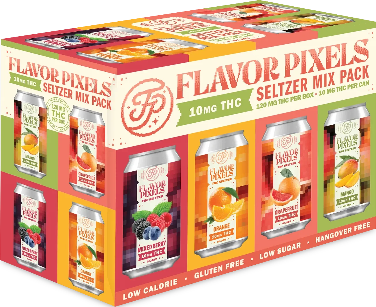 A colorful box of Flavor Pixels THC seltzer mixers with images of various fruit flavors such as mango, grapefruit, mixed berry, and orange, with cans of seltzer on the sides.