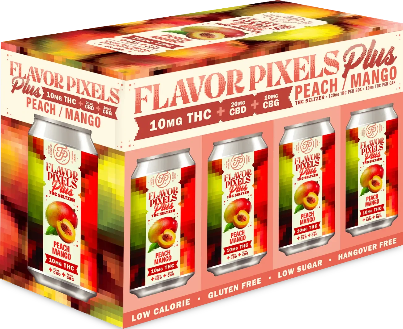 A colorful box of Flavor Pixels Plus THC seltzer cans in peach mango flavor, each can showing 10 mg THC, with additional info about CBD and CBG. The box highlights features like low calorie, gluten free, low sugar, and hangover free.
