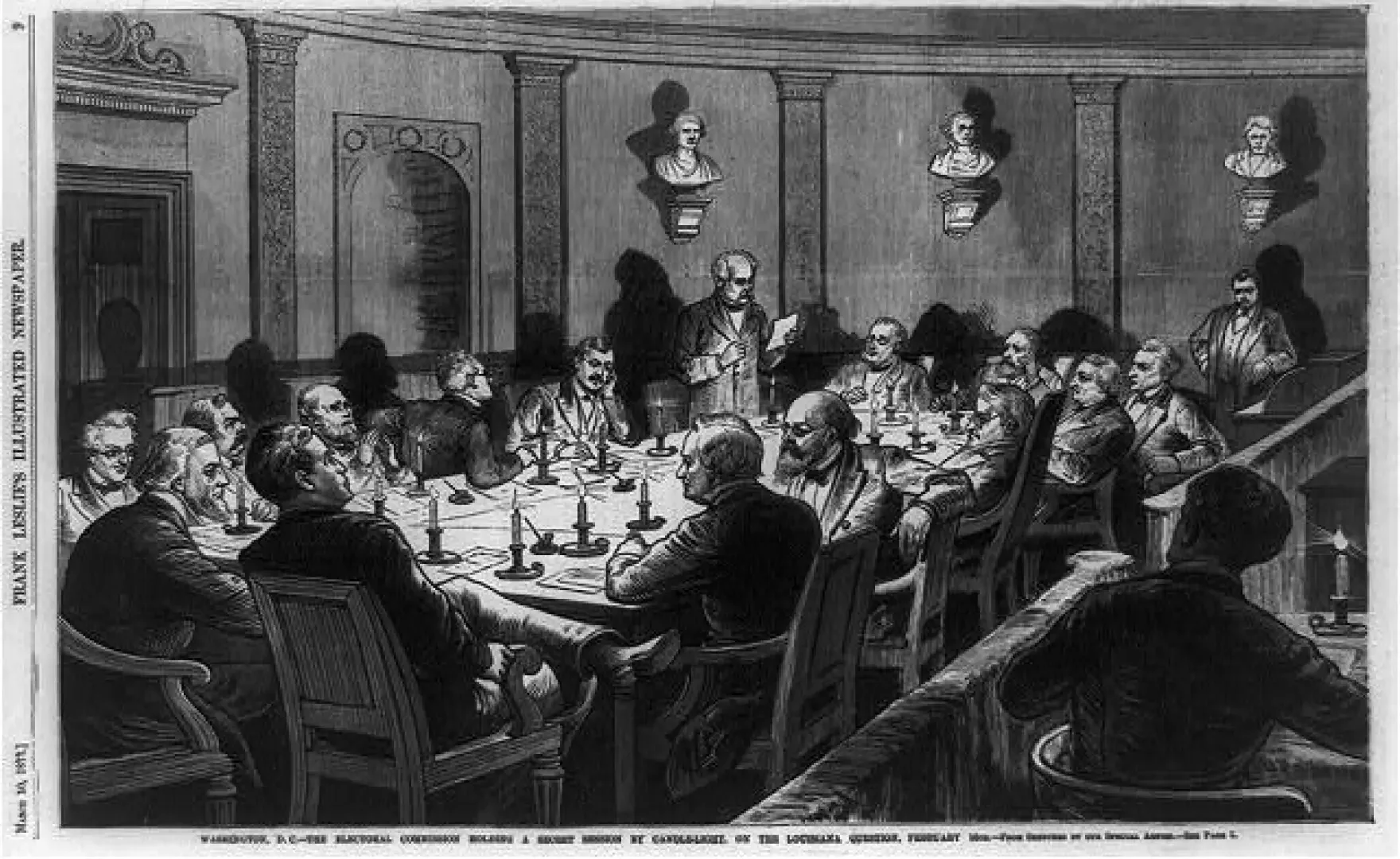 In this newspaper illustration, the Electoral Commission holds a secret candlelit meeting in the courtroom of the Supreme Court on February 16, 1877.