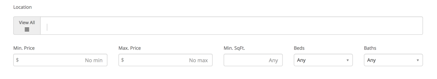 Screenshot of a real estate search filter with options for location, min and max price, min square footage, number of beds, and number of baths.