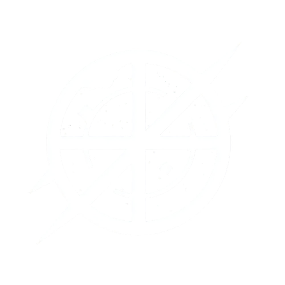 Glitchy digital logo with a stylized planet or circle and a diagonal line crossing through it, with multicolored lines and shapes.