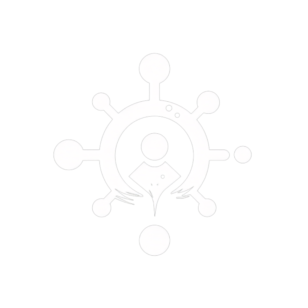 An abstract graphic with a black background featuring a white stylized figure inside a gear wheel with multiple protruding nodes, symbolizing technology or connectivity.