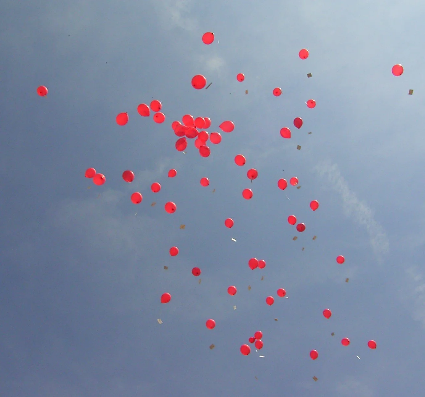 Viele rote Ballons steigen in den Himmel auf, im Hintergrund bewölkter Himmel, Ritual nach Trauung