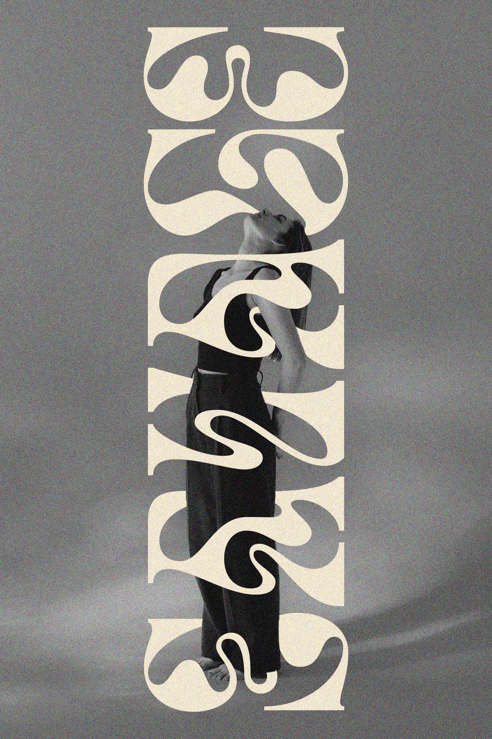 Black and white photo of a woman in a black tank top and dark pants, with her head tilted back and eyes closed, against a plain gray background. The word 'SERENE' is displayed vertically in large, abstract, stylized white letters overlaying the image.