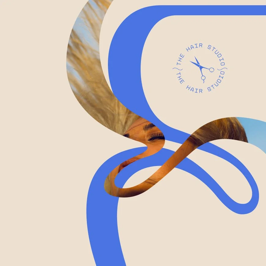 Abstract design featuring blue and beige curves, a clock with scissors for hands, and a partially visible woman's face with blonde hair.