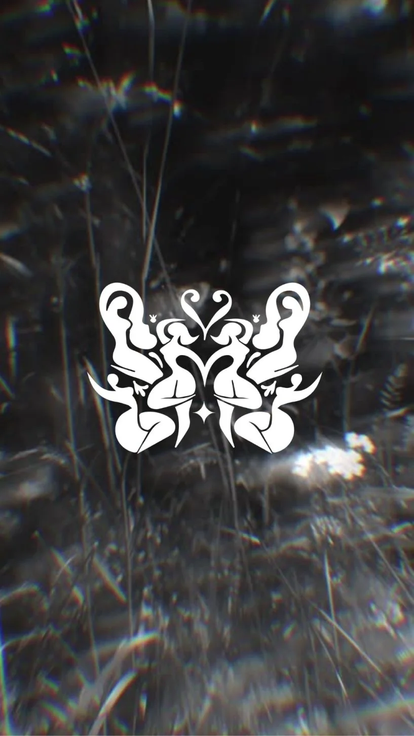 Black and white abstract design with symmetrical figures resembling mythological creatures or demons, set against a dark, textured background.