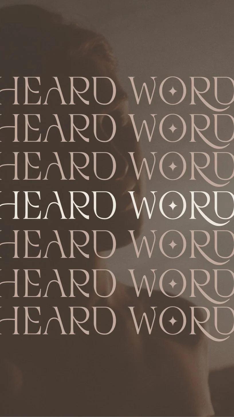 A person is taking a mirror selfie with a phone, and overlaid on the image are the repeating words 'HEARD WORD' with a star symbol in the middle of the 'O' letters.