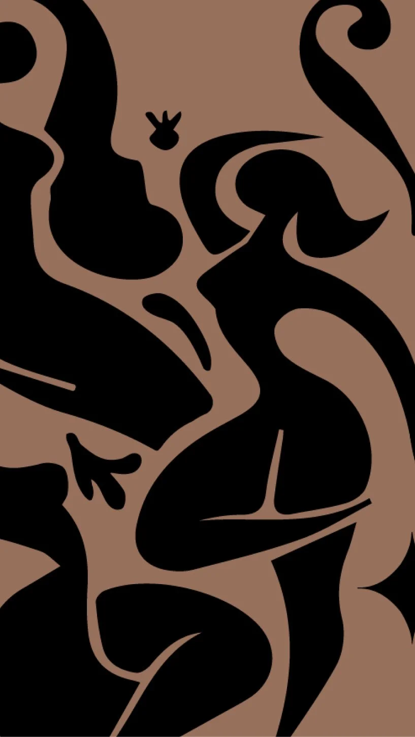 Silhouette of a woman sitting in a curled position with her hand up, and a small insect flying nearby, all in black against a brown background.