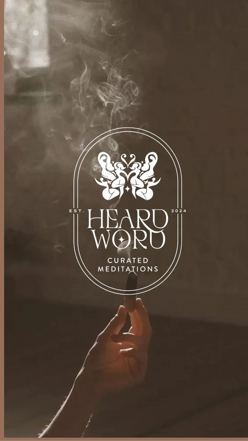 A hand holding a lit cigarette with smoke rising, and a graphic overlay that reads 'Heard Worn Curated Meditations' with ornate symbols and a logo.