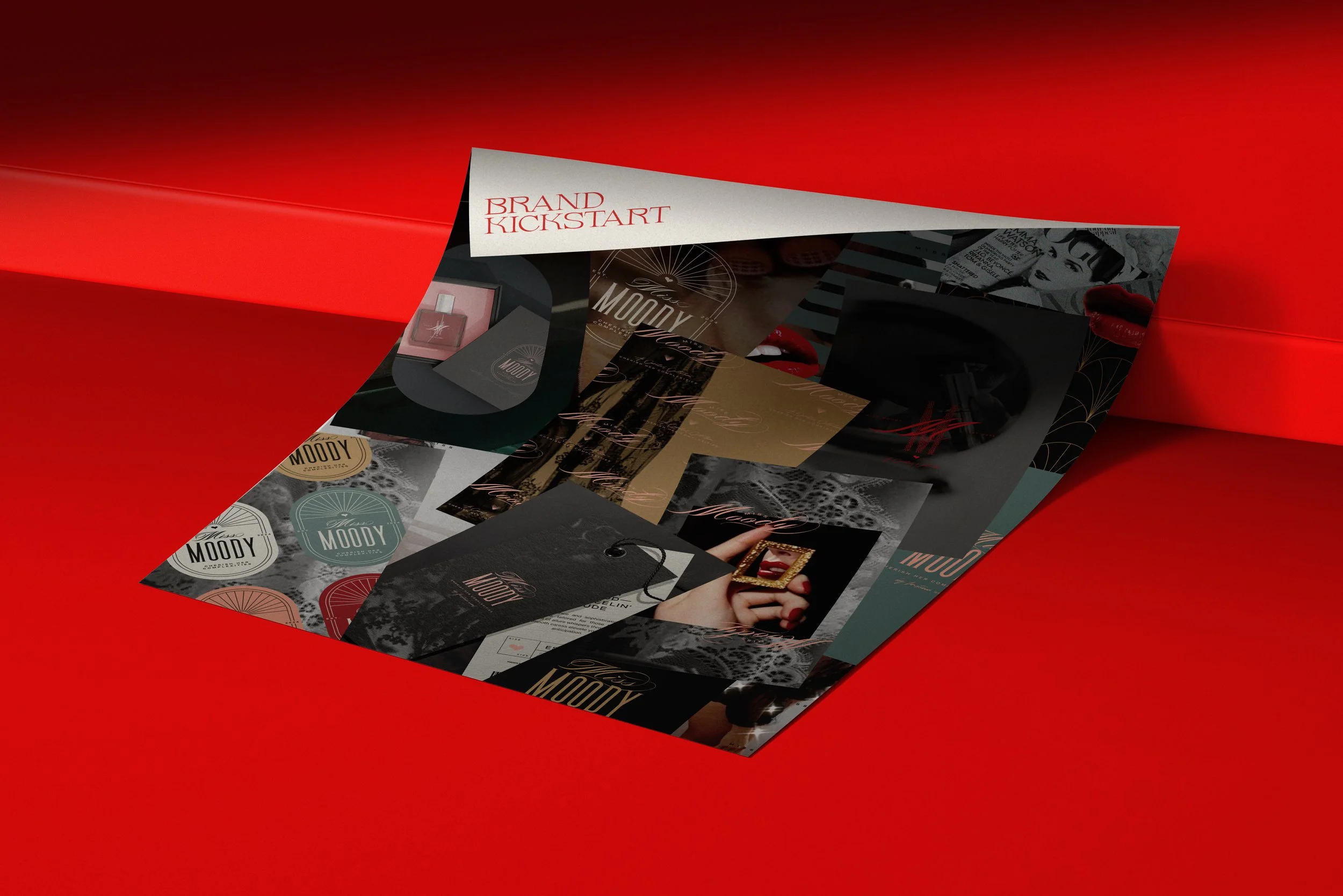 A printed promotional collage with various images and graphics, including the word 'MOODY' and a hand holding a lipstick, placed on a red surface.