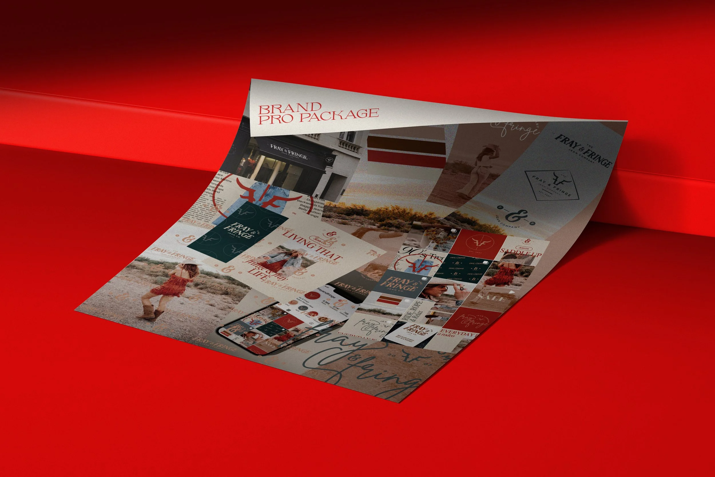 A promotional brochure for a brand called 'Fray & Fringe' displayed on a red surface. The brochure features images of outdoor scenery and people, along with logos, text, and branding elements for the company.