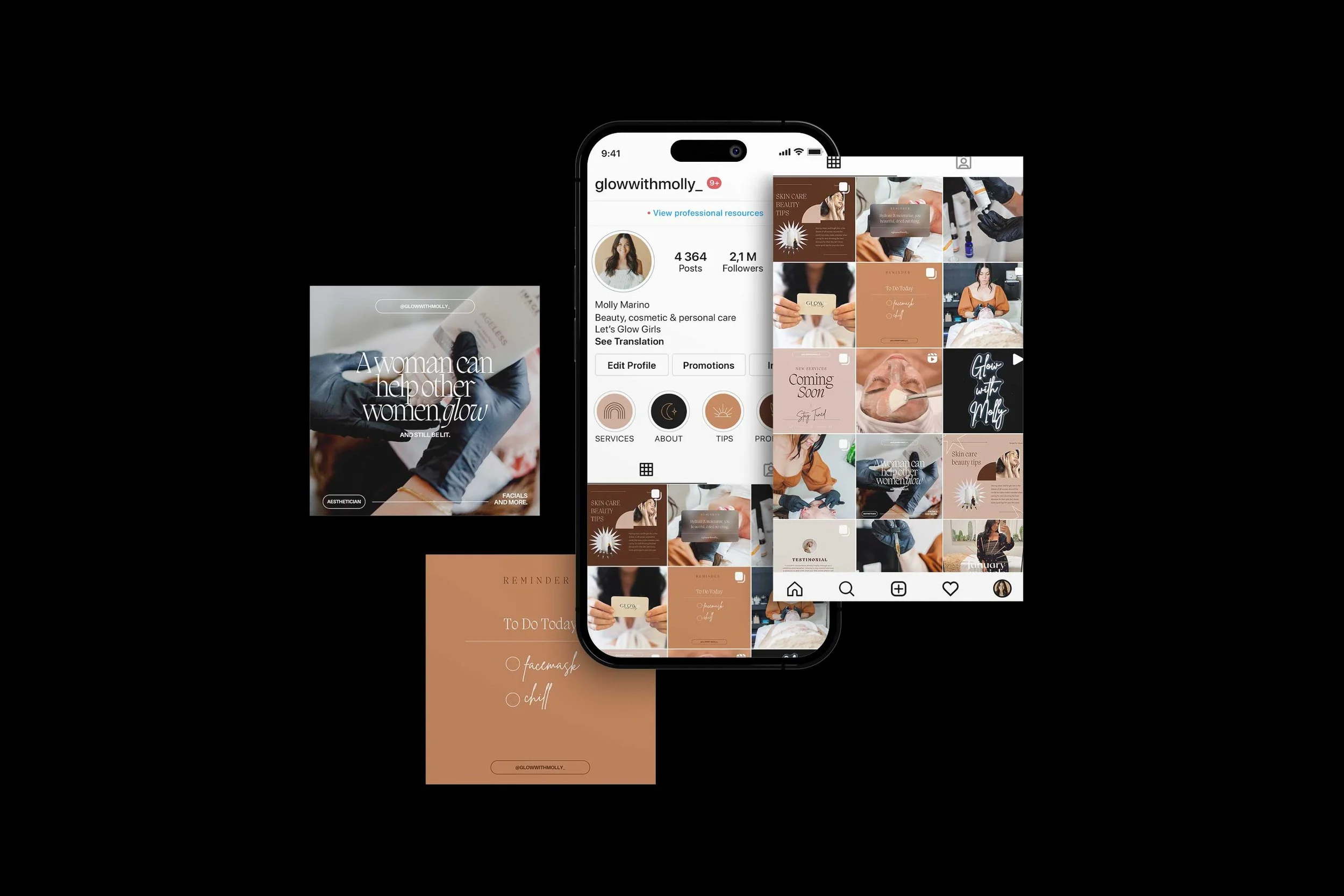 Collage of social media posts and branding for a beauty and skincare business, featuring photos of skincare products, makeup, and people receiving treatments, with branding elements and text overlays promoting services and tips.
