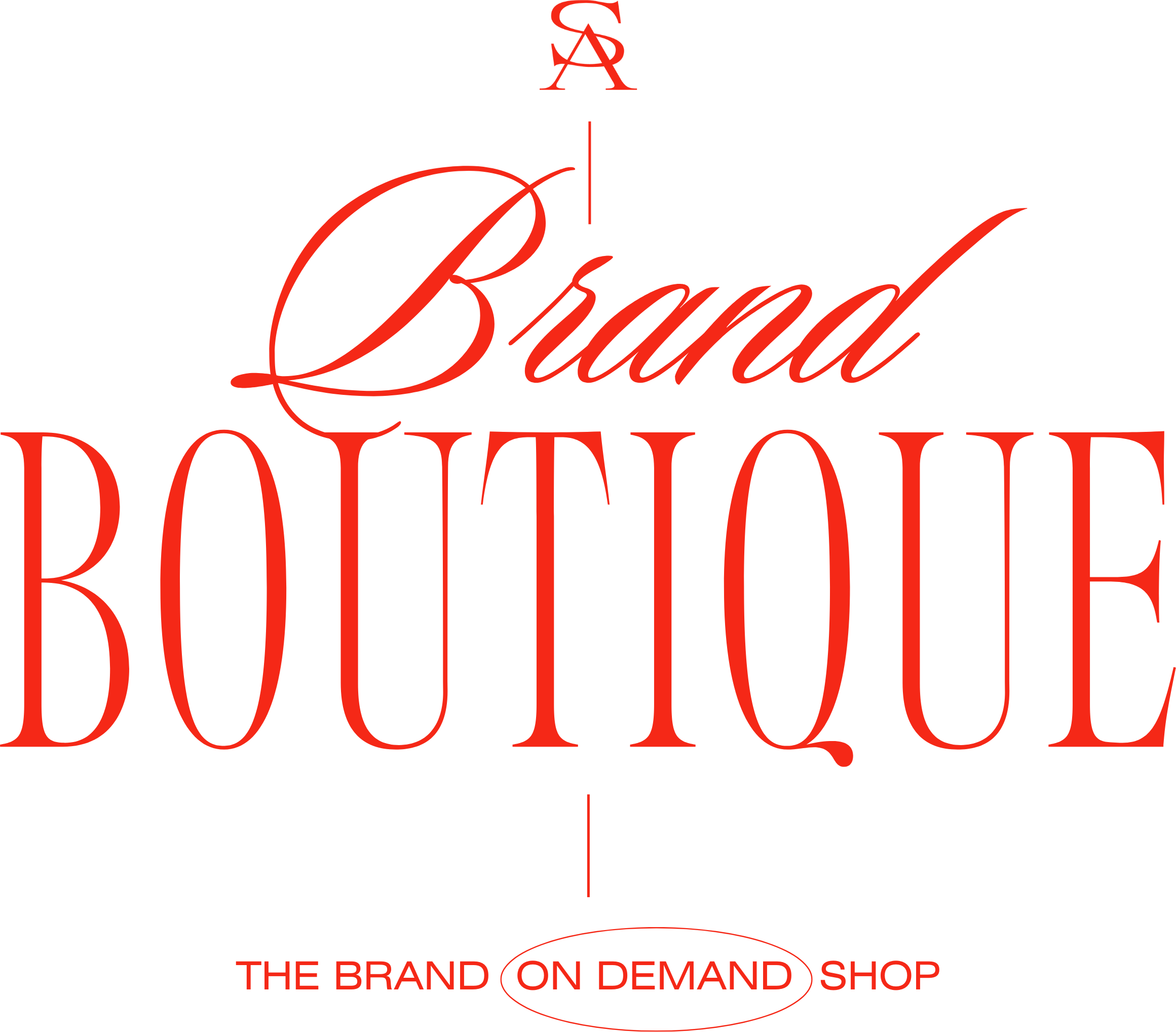 Graphic with the text "Brand Boutique" in red and black, and a subtitle "The Brand On Demand Shop" in red. The design features a stylized logo with the initials "SA" at the top.
