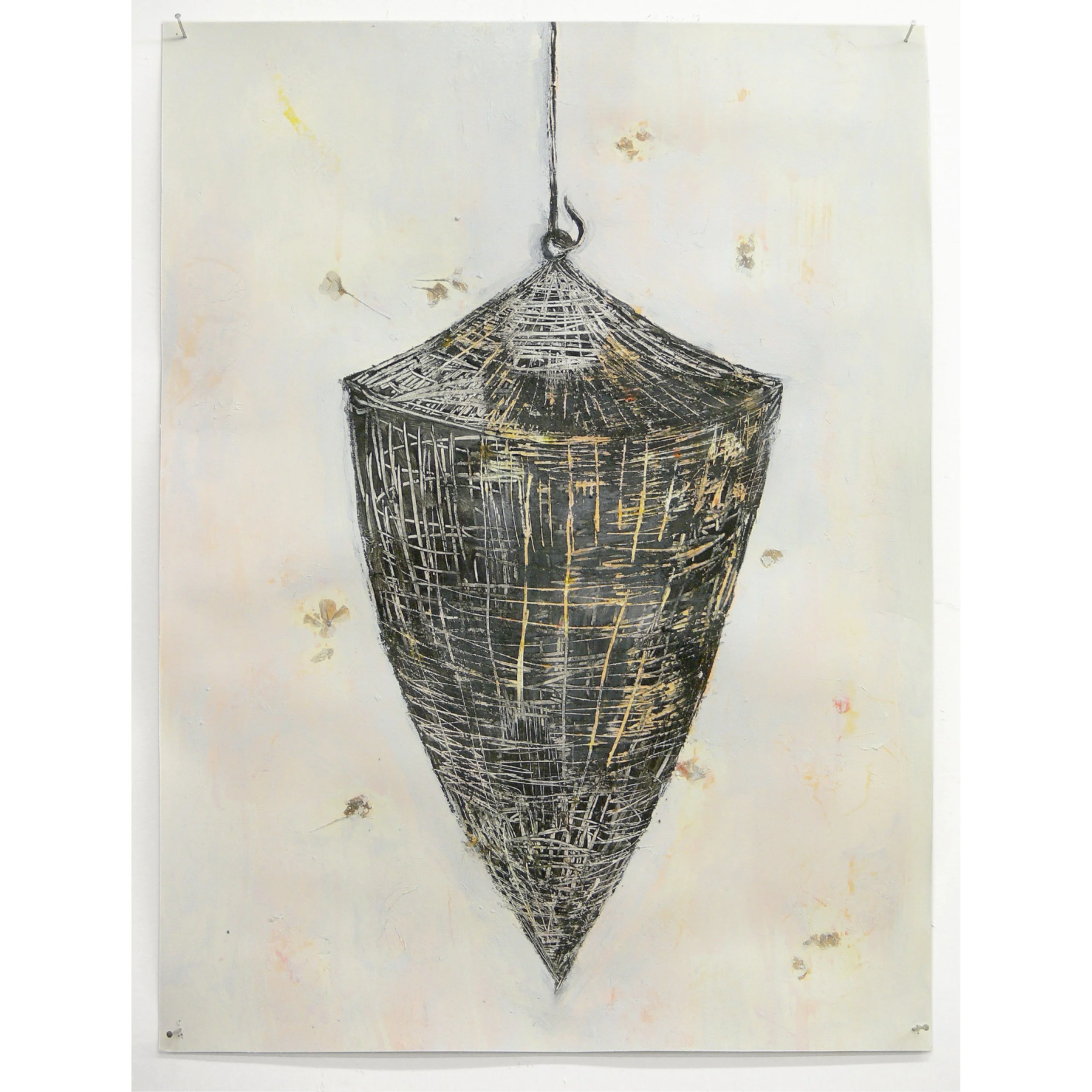 HANGING ARROW - m/m on paper, black gesso, collaged dried flowers
20x15" (2013)