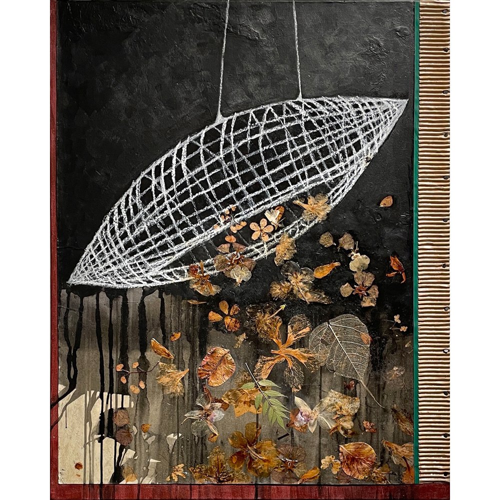 GIFT GIVER - painting collage, china markers, resin coated organics, paper mounted to stretched canvas, 30x24x1.25"  (2022)