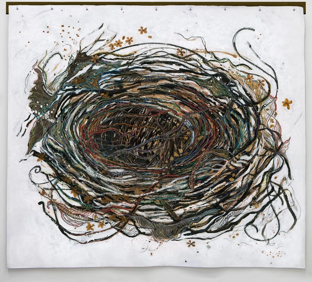 NEST 2 - m/m, acrylic, oil stick, dried flowers, gesso on canvas, grommets-wood support 68x76" (2012) - & archival print edition 54x48"
