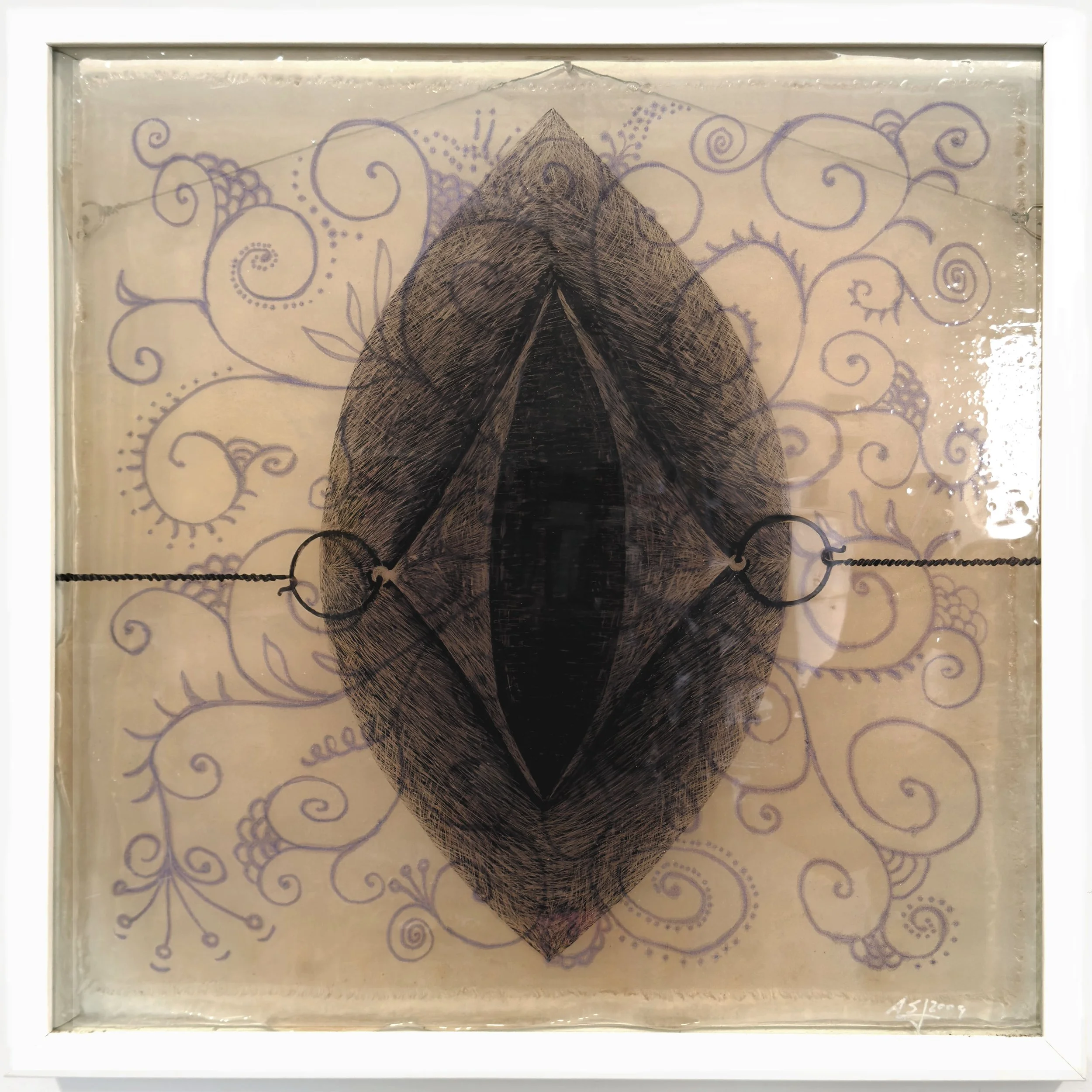 MY CAPTIVE HEART - mixed-media on tempered glass, ink and acrylic paint on silk and poured resin, white wood frame - 18x18” (2009)