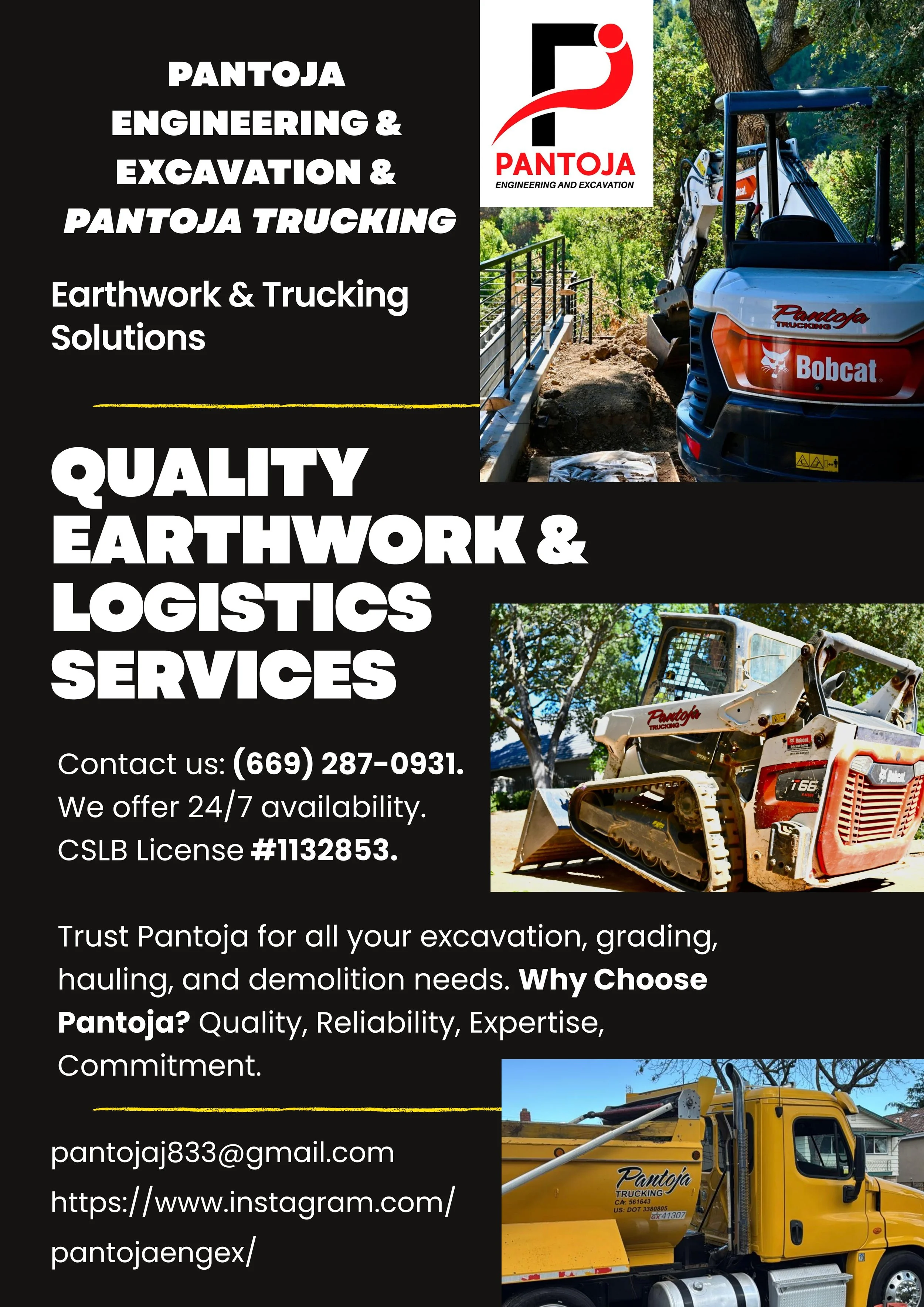 Flyer for Pantoja Earthwork and Logistics Services featuring images of construction equipment and trucks, including a Bobcat with a hydraulic arm, a compact excavator, and a yellow dump truck, with contact information and a brief description of servi