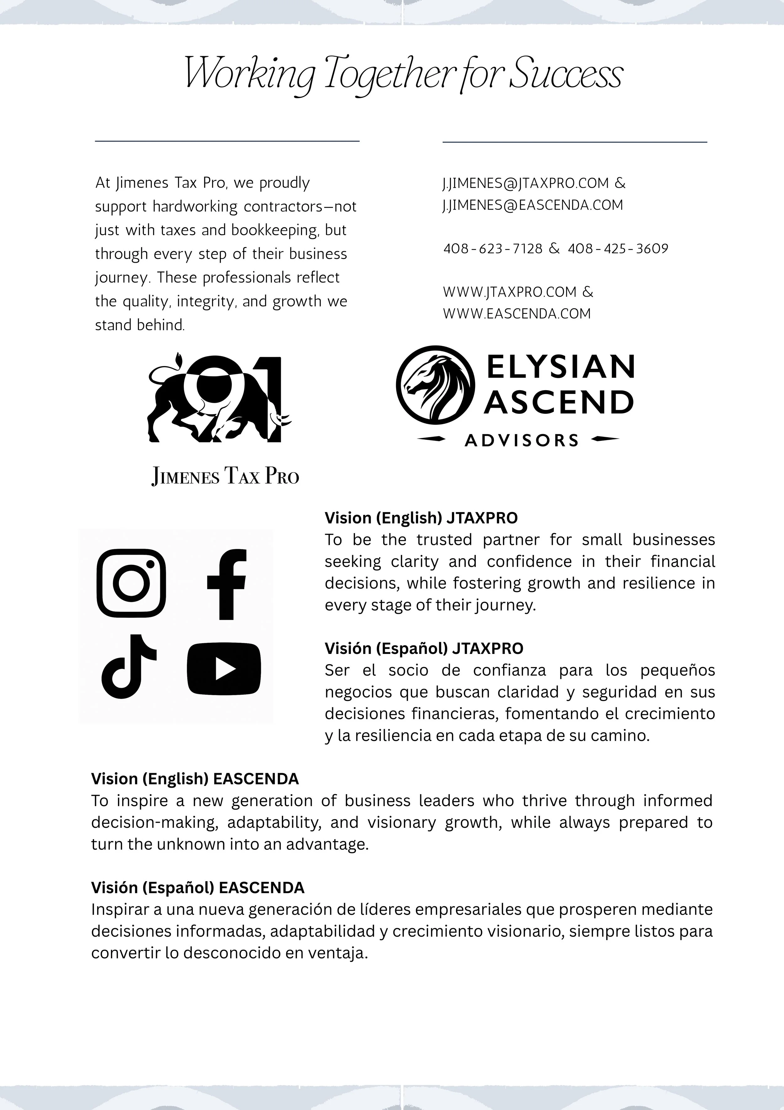 Business flyer titled 'Working Together for Success' with company logos, contact information, and mission statements in English and Spanish for Jimenes Tax Pro and Elysian Ascend Advisors.
