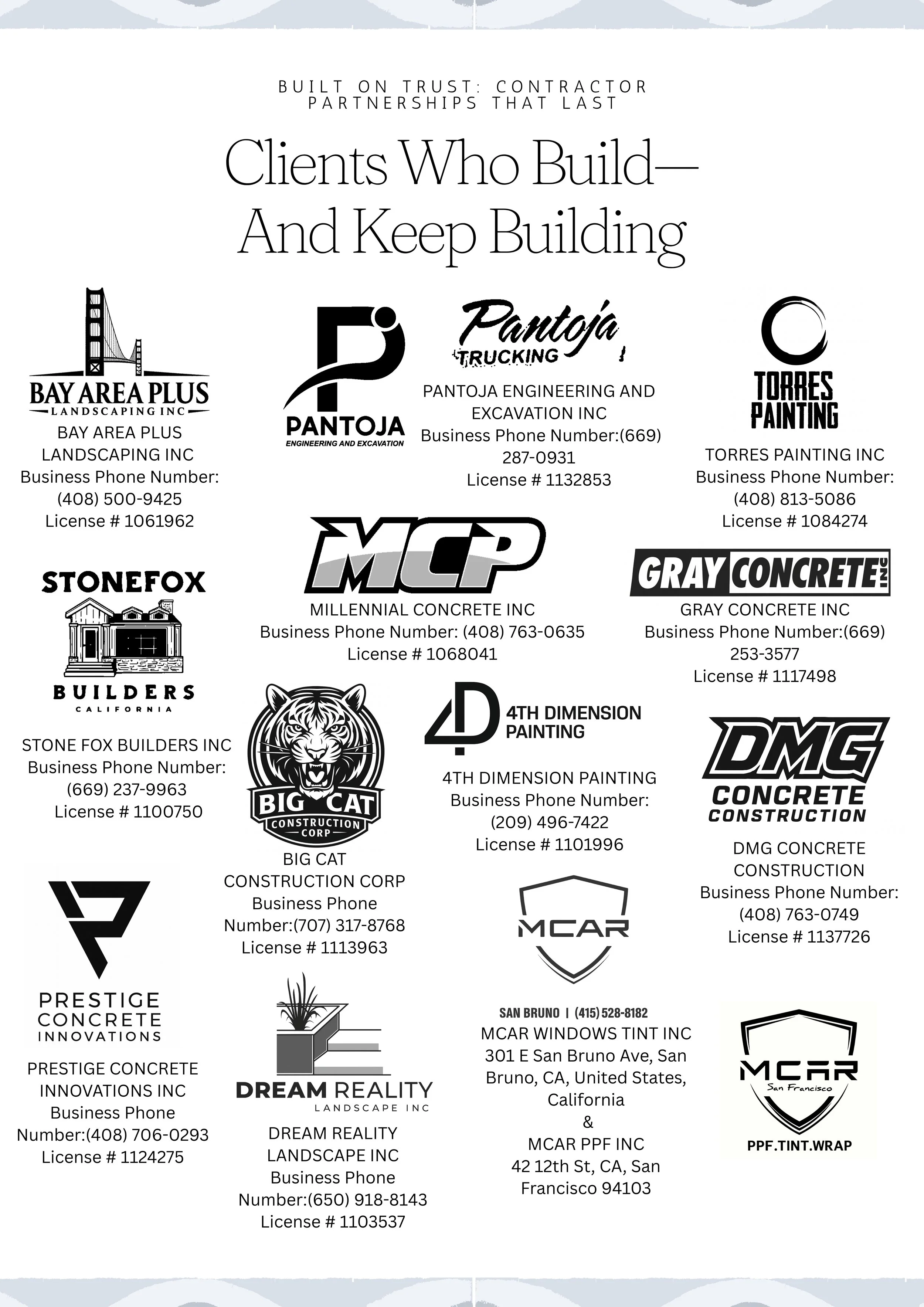 A list of construction and landscaping business logos and contact information, including companies such as Bay Area Plus Landscaping Inc, Pantoja Engineering and Excavation Inc, Torres Painting Inc, Stone Fox Builders Inc, Millennial Concrete Inc, Gr