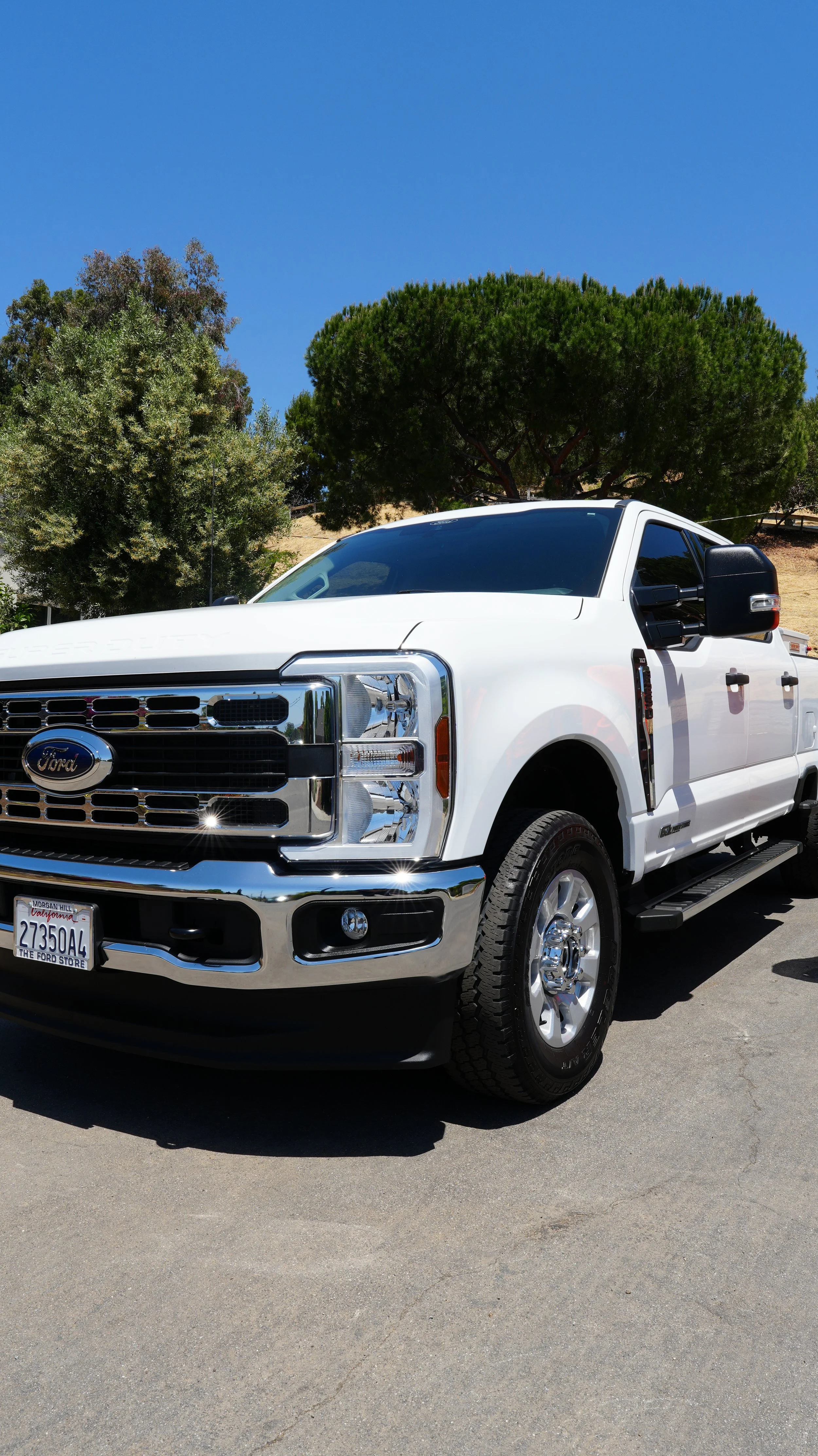White Ford pickup truck parked on a paved surface, with green trees and a bright blue sky in the background.