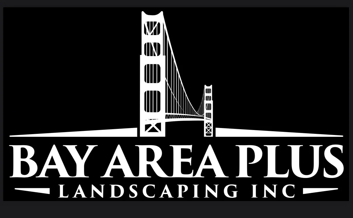 Logo for Bay Area Plus Landscaping Inc., featuring a stylized illustration of the Golden Gate Bridge in black and white.