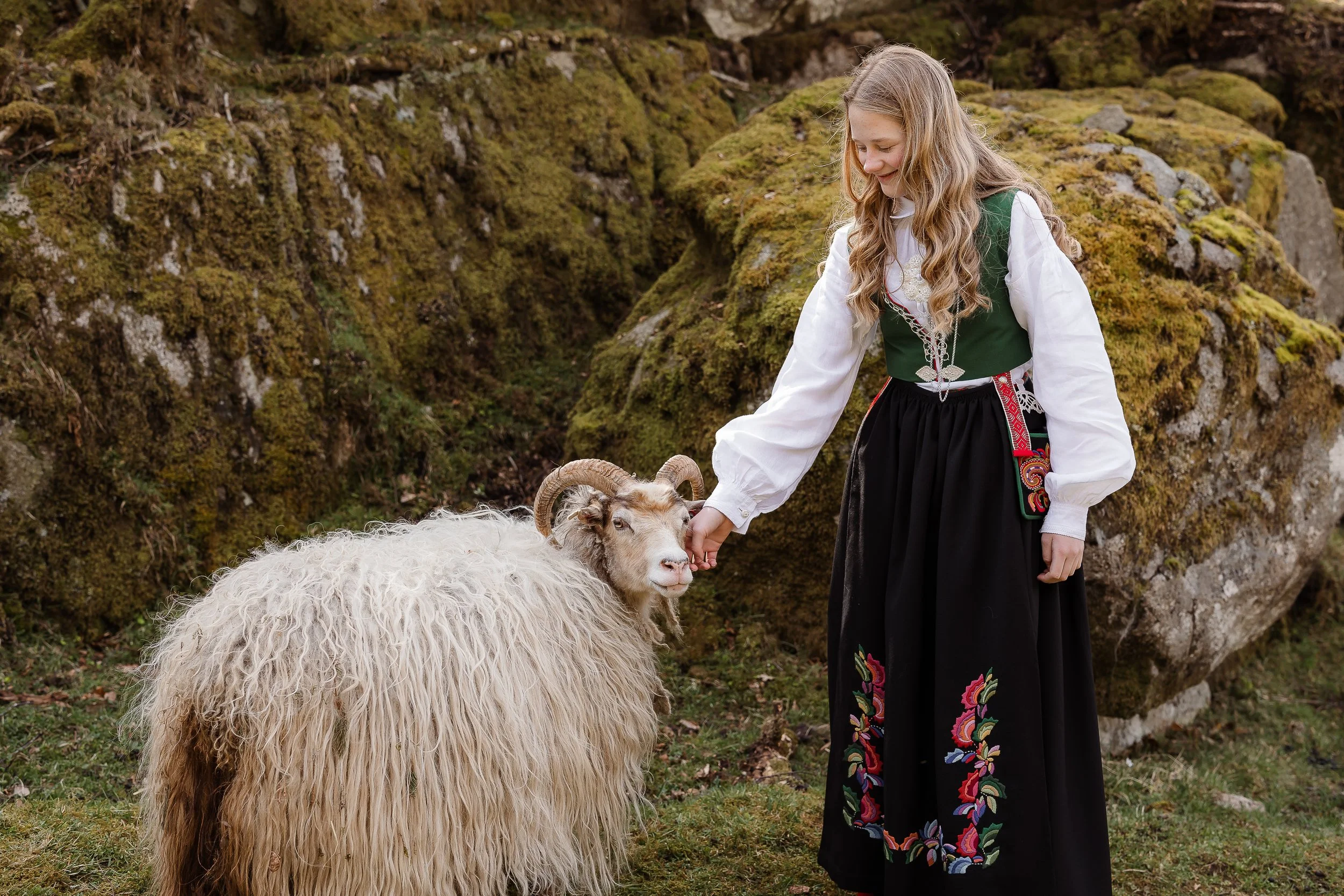 En ung kvinne i tradisjonell norsk bunad som klapper en geit med spirende horn. Bakgrunnen er dekket av moseklædte steiner og gress.