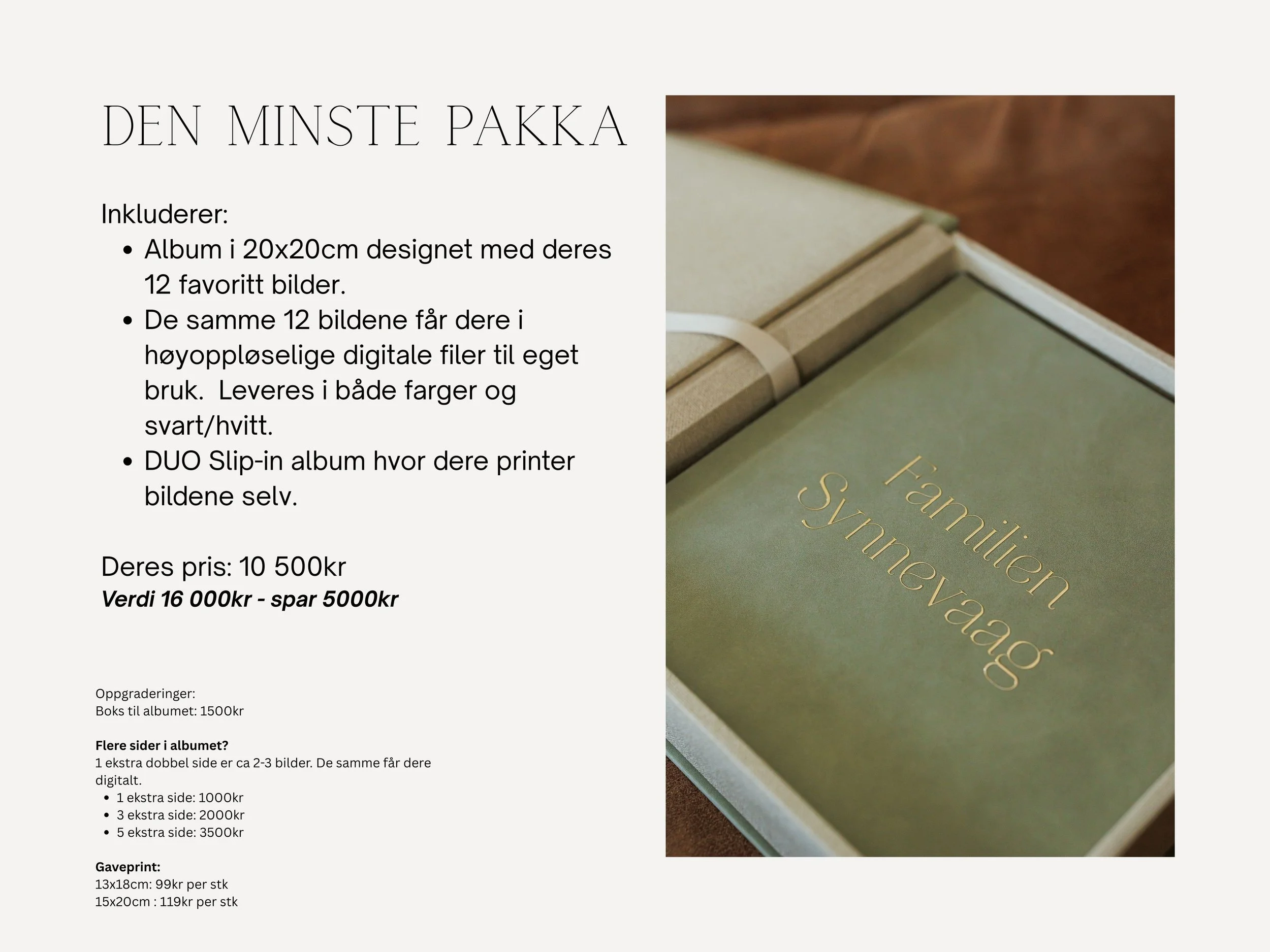 Informasjonsside for fotobok med et bilde av en grønn album i en sammenhengende beskrivelse av innholds- og prisdetaljer.