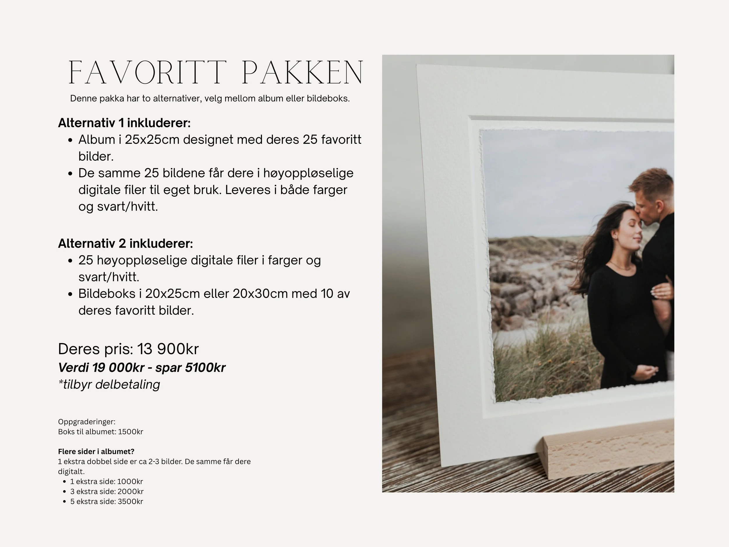 Bildet viser en annonse for fotopakker med ulike alternativer for album og bilder, og et profilbilde av et par som kysser hverandre utendørs.