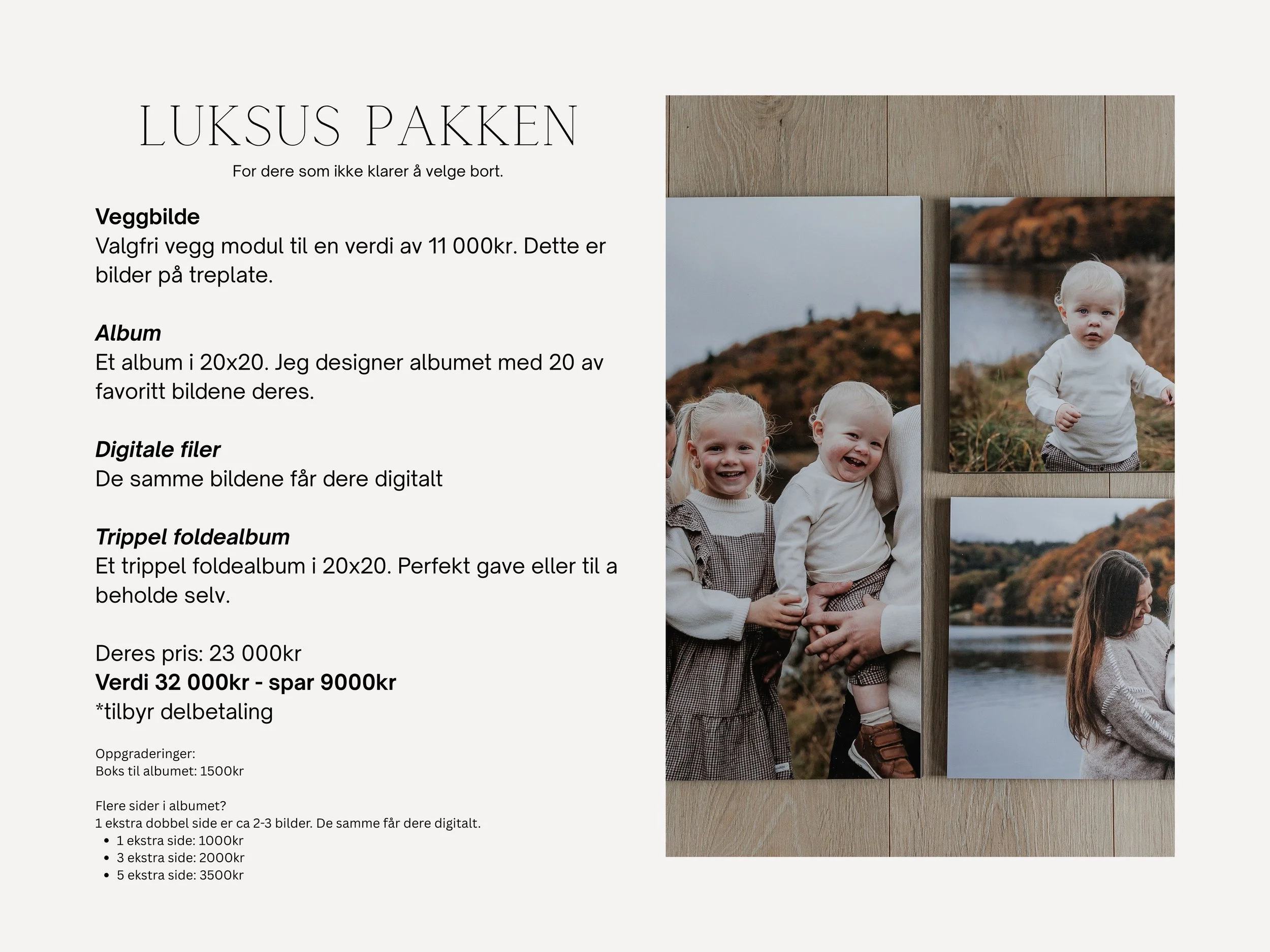 En annonse for luksus fotobokker med bilder av glade barn foran en landskap med vann og fjell, samt tekst om produkter og priser.