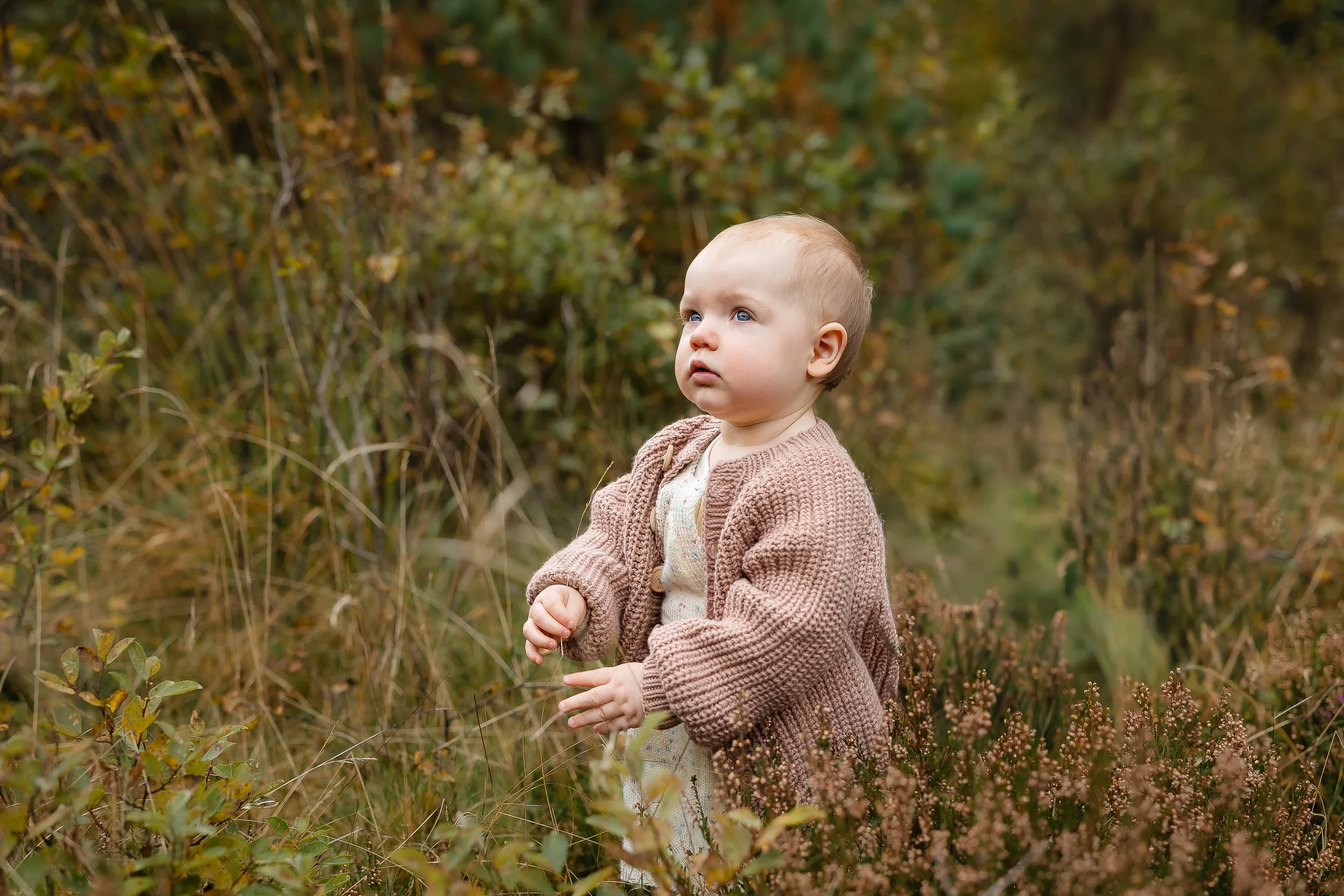 En liten babyjente i en brun, strikket cardigan står i en skog med høstfarger, og ser opp mot himmelen.