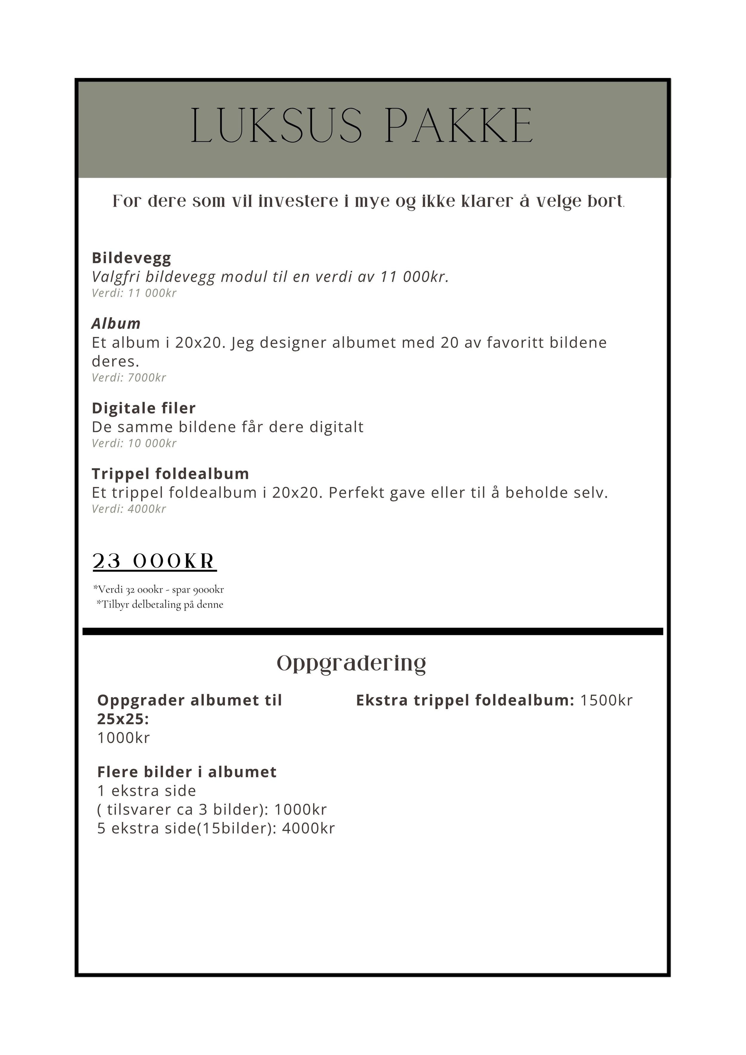 En prisliste for luksuspakker med ulike fototjenester og priser i norske kroner.