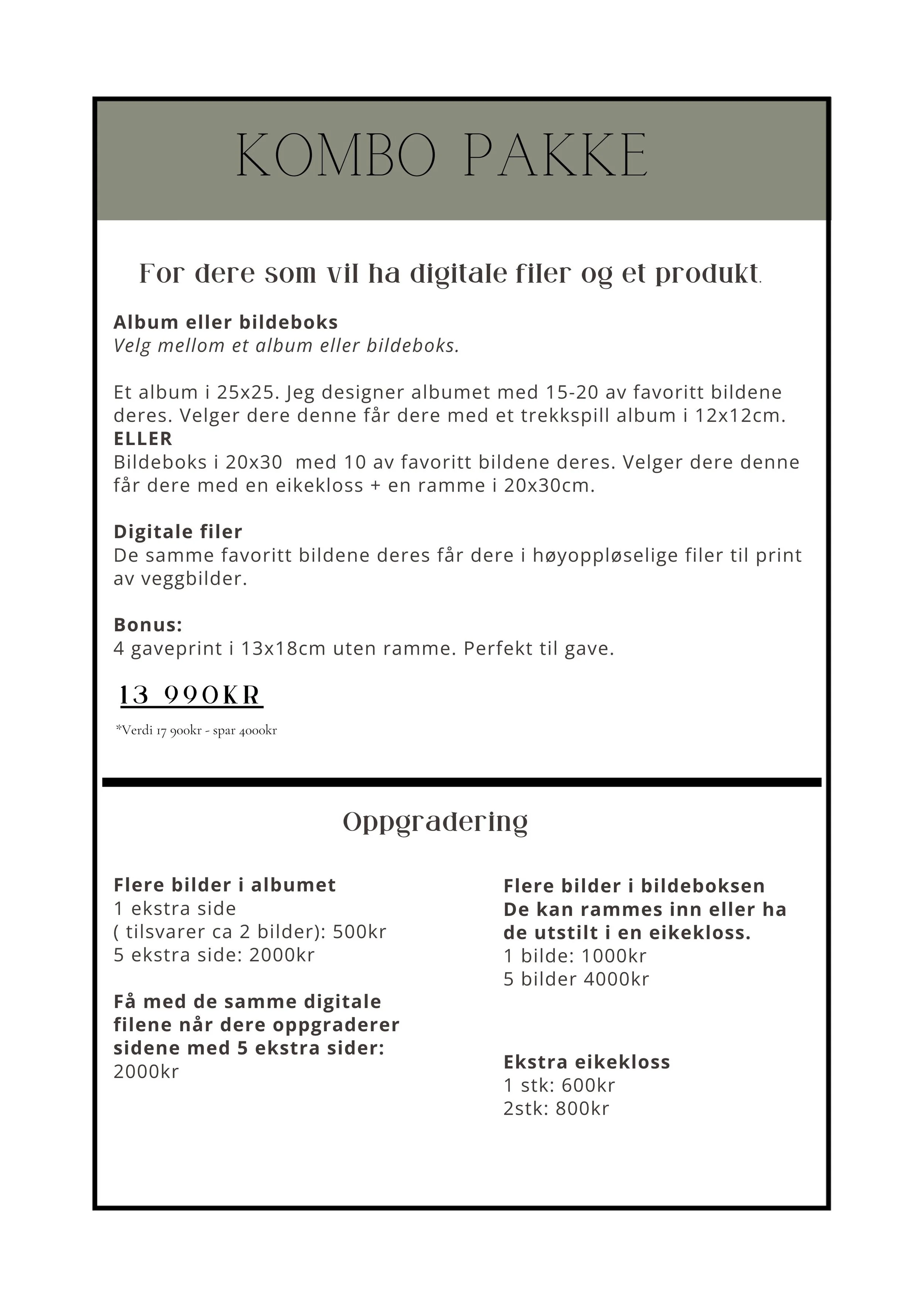 En annonse for digitale fotopakker, inkludert album, bilde- og digitale filer, med priser og oppgraderingsmuligheter.