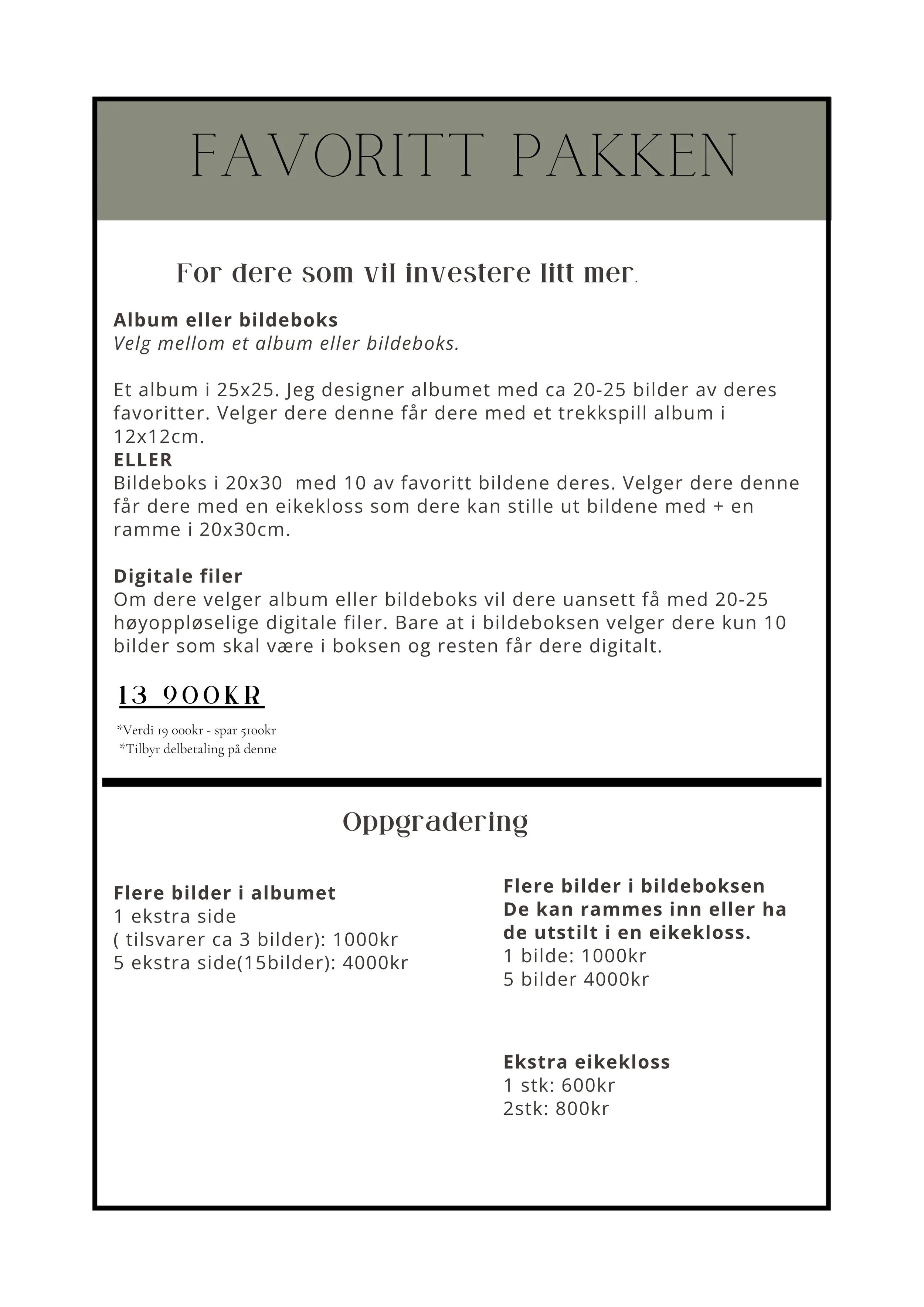 Et dokument som beskriver ulike alternativer for å oppgradere en fotobok eller album med bilder, inkludert priser og detaljer om størrelse og antall bilder.