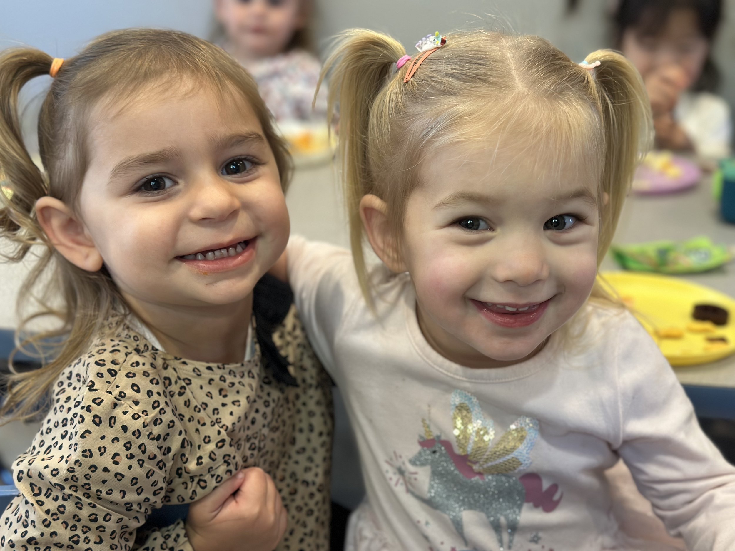Two young girls with blonde hair and pigtails smiling at a party or gathering, with colorful plates and food in the background.