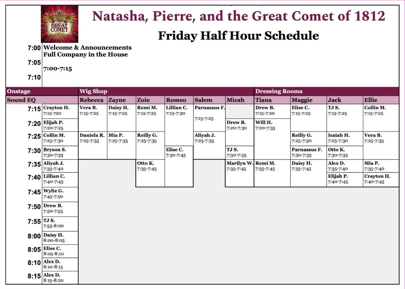 Half Hour Schedule