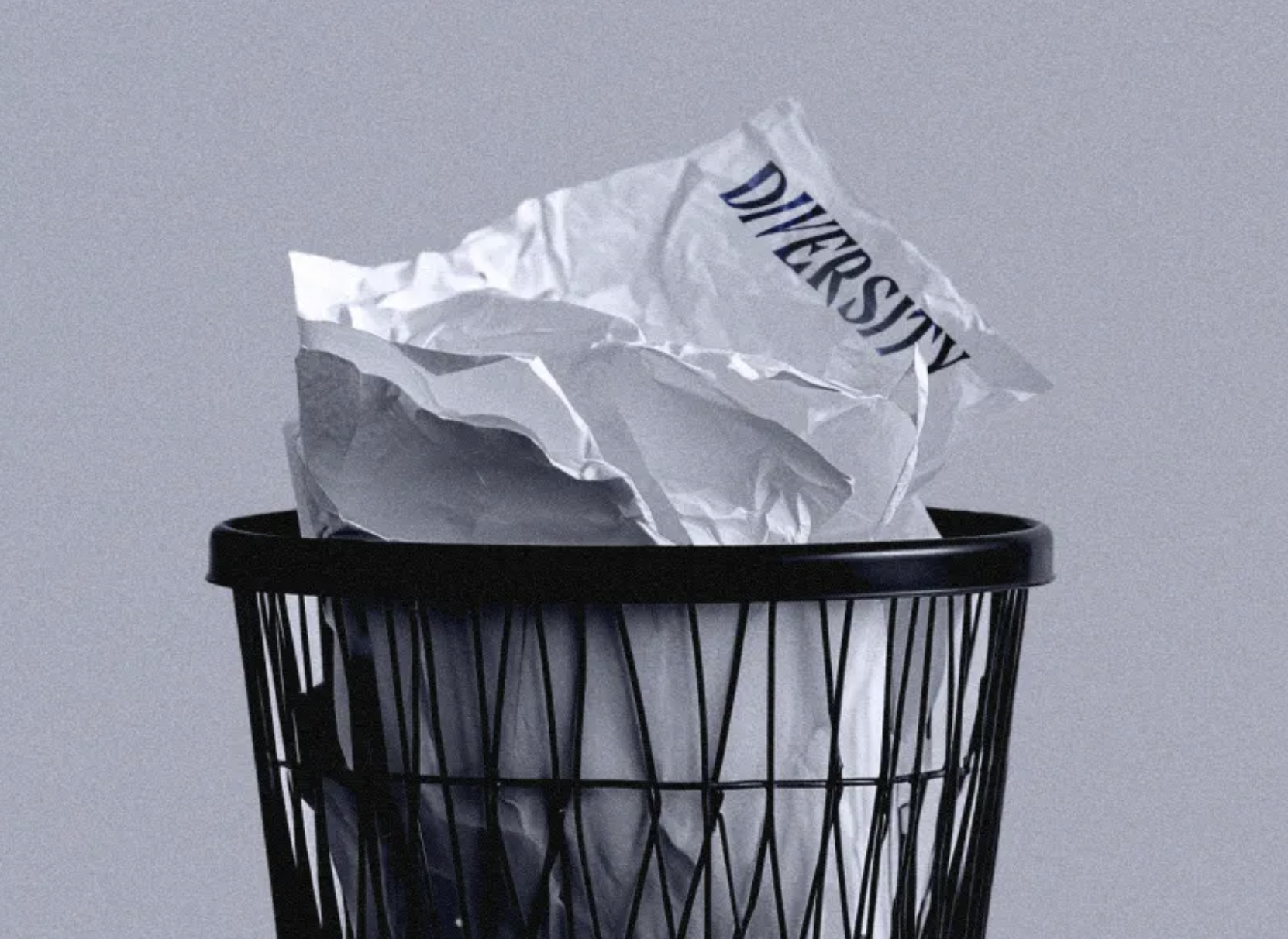 Crumpled paper with the word 'DIVERSITY' in capital letters in a black wire trash can against a gray background.