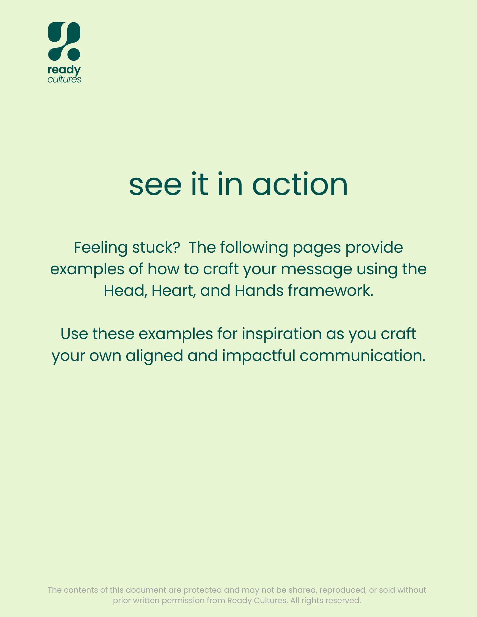 Promotional text for "Ready Cultures" discussing using the Head, Heart, and Hands framework for crafting messages, encouraging readers to find inspiration. Includes a logo and copyright notice.
