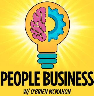Graphic of a light bulb with half a brain and half a gear inside, yellow background with radiant light, title "People Business" and host name O'Brien McMahon.