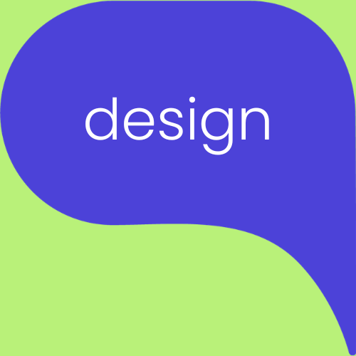Blue speech bubble with text 'design' on a light green background.