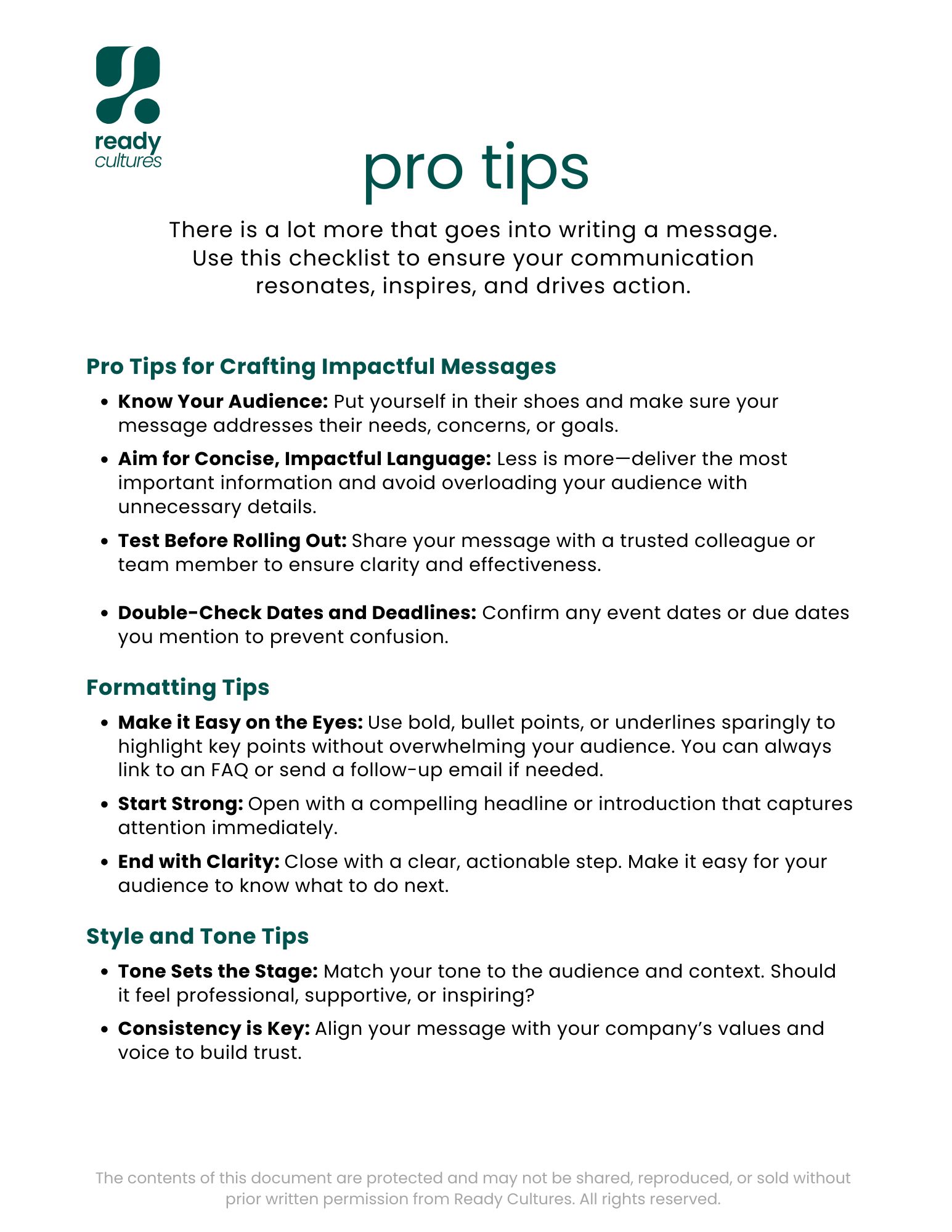 Checklist titled 'Pro Tips for Crafting Impactful Messages' by Ready Cultures. Includes sections on knowing your audience, concise language, testing, double-checking dates, formatting, and style and tone. Logo of Ready Cultures at top left.