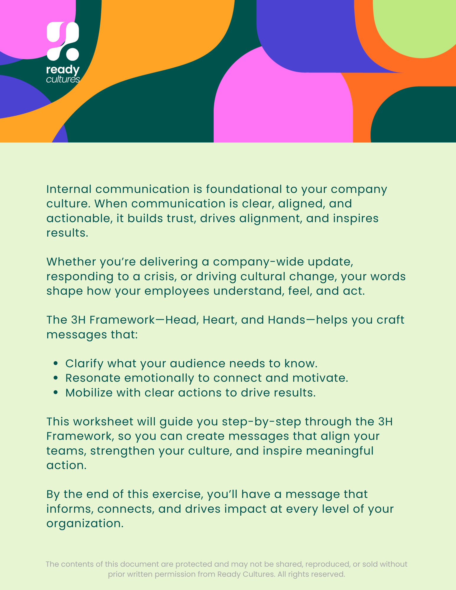 A colorful graphic with text about internal communication and company culture. It emphasizes the importance of clear, aligned communication and introduces the 3H Framework—Head, Heart, and Hands—for crafting effective messages. The worksheet aims to guide users in creating impactful messages that align teams and inspire action. The background features vibrant abstract shapes, and the Ready Cultures logo is visible. The content is protected and requires permission for sharing.