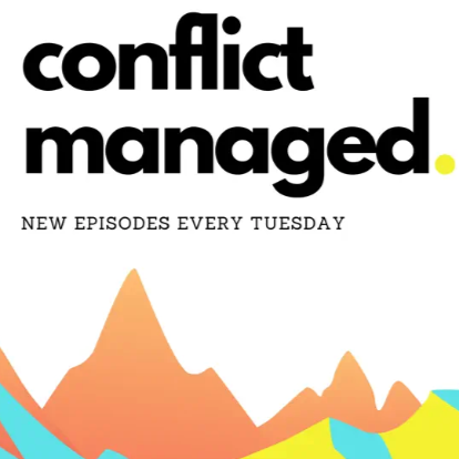 Poster with the text 'conflict managed. New episodes every Tuesday' and a colorful abstract mountain landscape design.