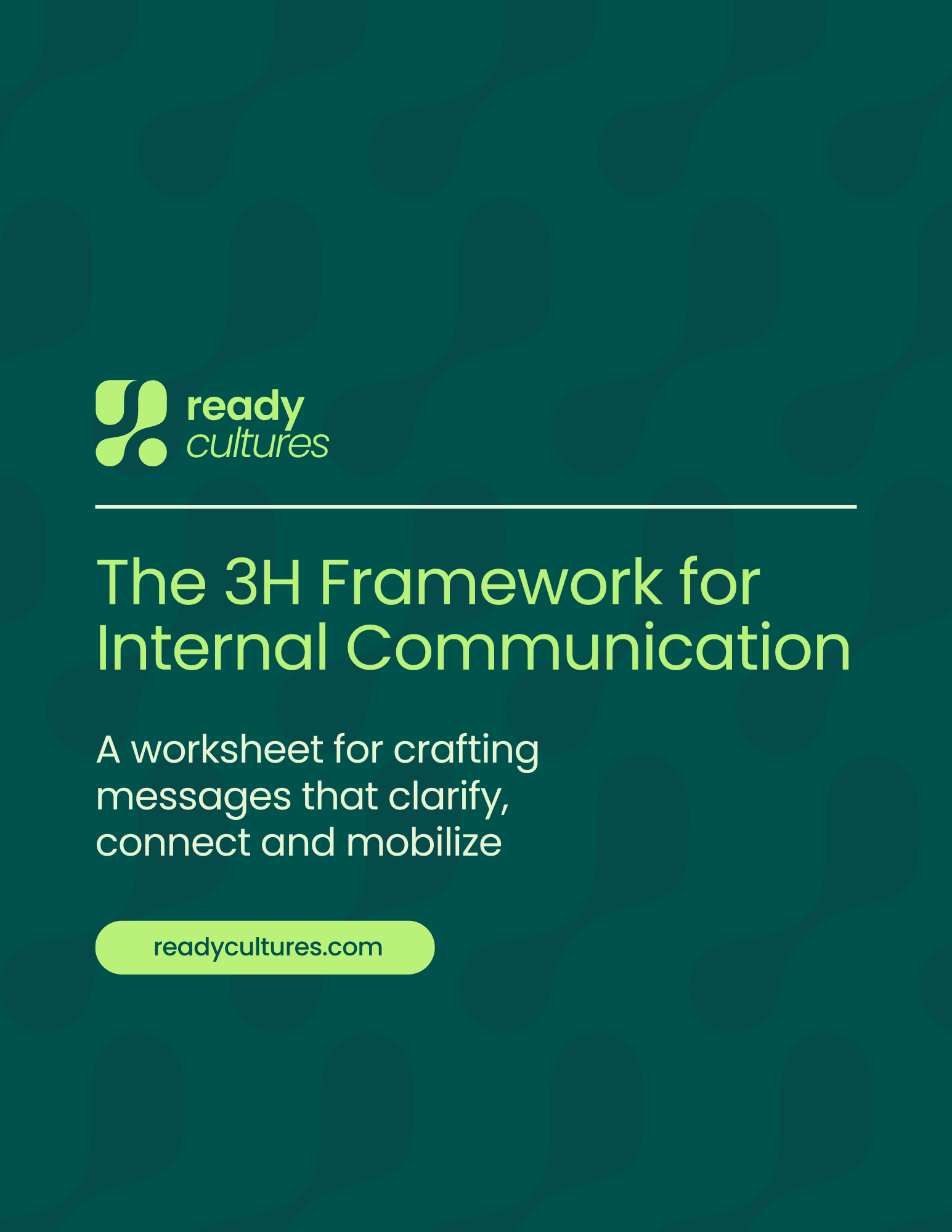Green promotional graphic for "The 3H Framework for Internal Communication" by Ready Cultures, featuring text about crafting effective messages and a website link readycultures.com.