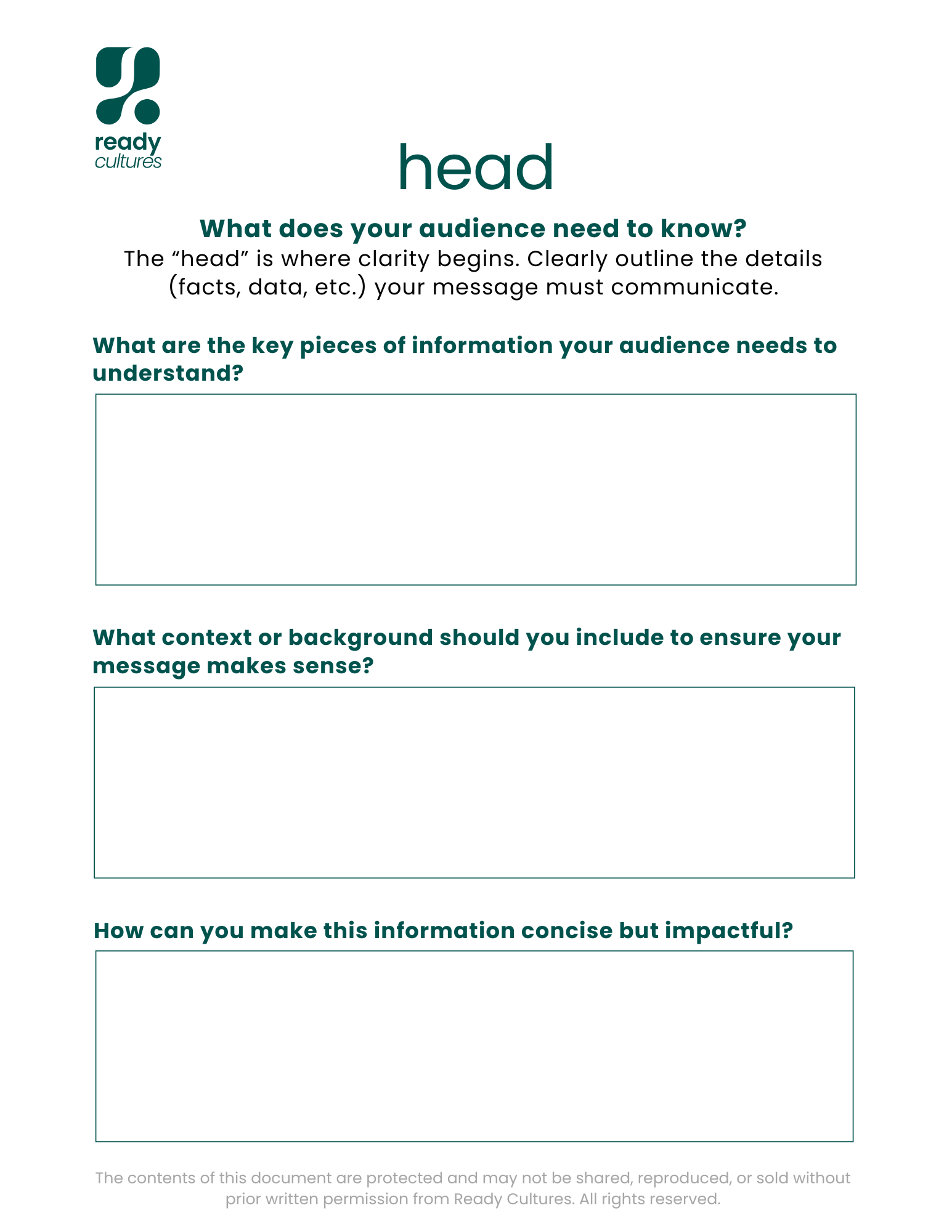 Page from Ready Cultures titled 'head' with sections for outlining key audience information, necessary context, and concise messaging. Includes a logo and copyright notice.